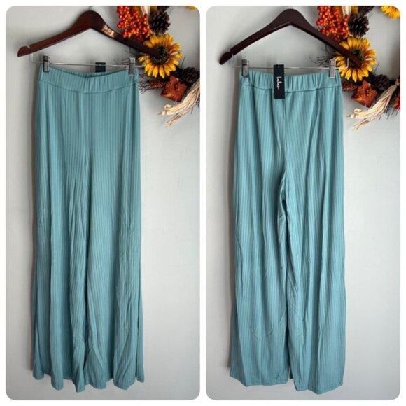 Lulus Vibe Check Ribbed Wide Leg Pant XS in Teal Blue - Picture 1 of 9